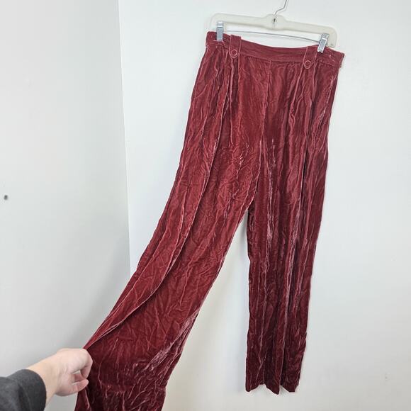Sezane Dark Pink Crushed Velvet High Waisted Wide Leg Tyler Pants Size 10 - Picture 1 of 11